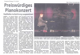 Langener Zeitung, Offenbacher Post - 17.12.2015 Preiswürdiges Pianokozert, Stadthallen-Aufzeichnung ausgezeichnet - Tomasz Trzcinski interpretiert THE KÖLN CONCERT in der Neue Stadthalle Langen